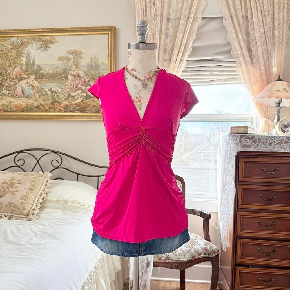 pink fairy top  Y2K hot pink ruched v neck top k mode size large - Picture 2 of 7
